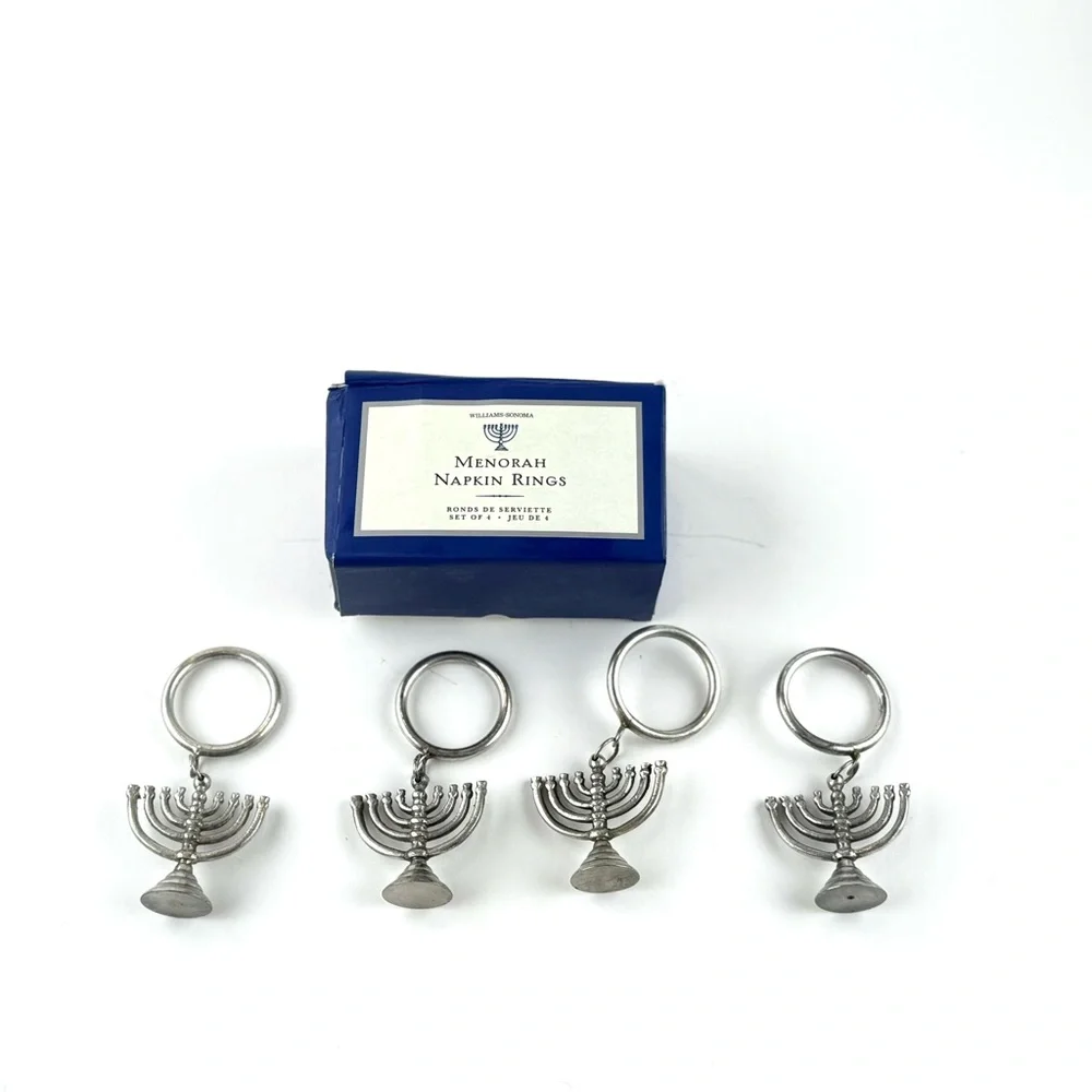 Williams Sonoma Silver Menorah Napkin Rings Set of Four